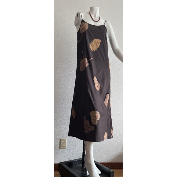 Japanese Noh Faces Brown Midi Slip Dress Fall Japanese Art Wear Lagenlook Medium - Picture 14 of 16
